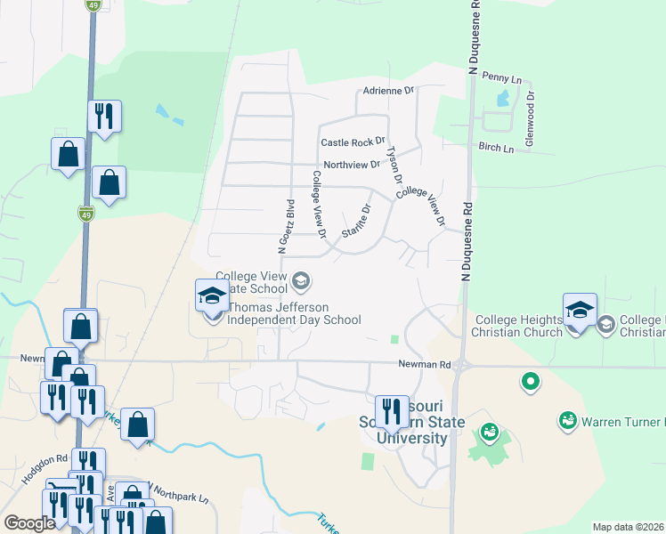 map of restaurants, bars, coffee shops, grocery stores, and more near 3808 College View Drive in Joplin