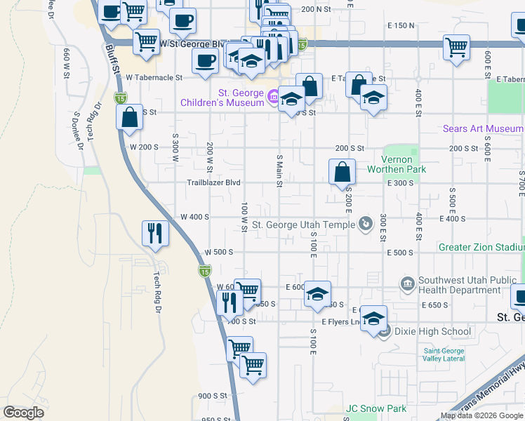 map of restaurants, bars, coffee shops, grocery stores, and more near 50 West 400 South in St. George