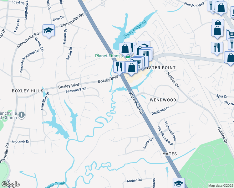 map of restaurants, bars, coffee shops, grocery stores, and more near 12997 Warwick Boulevard in Newport News