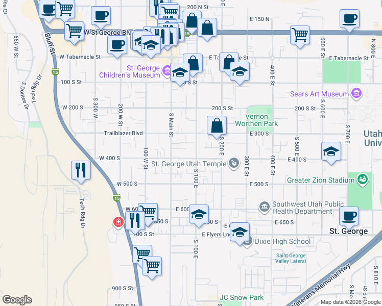map of restaurants, bars, coffee shops, grocery stores, and more near 344 South 100 East in St. George