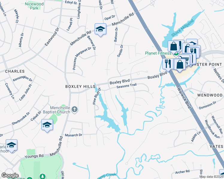 map of restaurants, bars, coffee shops, grocery stores, and more near 106 Summerglen Ridge in Newport News