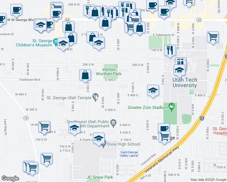 map of restaurants, bars, coffee shops, grocery stores, and more near 376 East 300 South in St. George