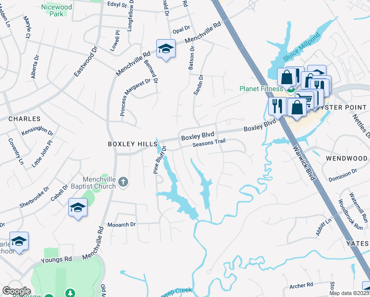 map of restaurants, bars, coffee shops, grocery stores, and more near 201 Windy Ridge Lane in Newport News