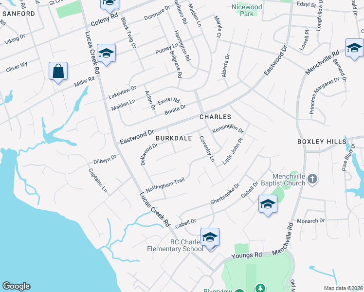 map of restaurants, bars, coffee shops, grocery stores, and more near 603 Dellwood Drive in Newport News