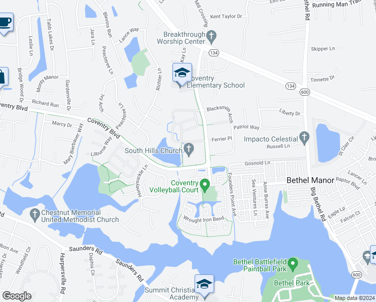 map of restaurants, bars, coffee shops, grocery stores, and more near 116 Tui Place in Yorktown