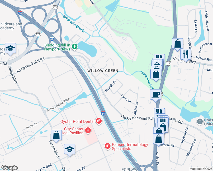 map of restaurants, bars, coffee shops, grocery stores, and more near 113 Gawain Drive in Newport News
