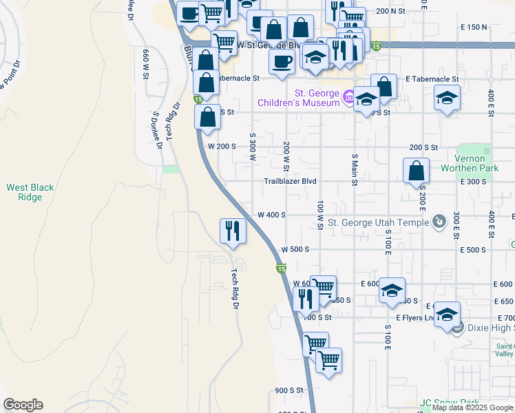 map of restaurants, bars, coffee shops, grocery stores, and more near 379 South 300 West in St. George