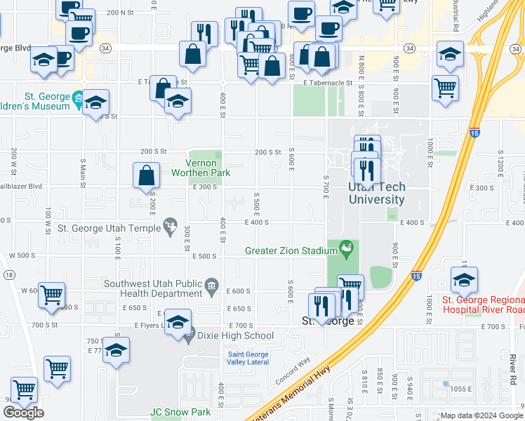 map of restaurants, bars, coffee shops, grocery stores, and more near 331 South 500 East in St. George