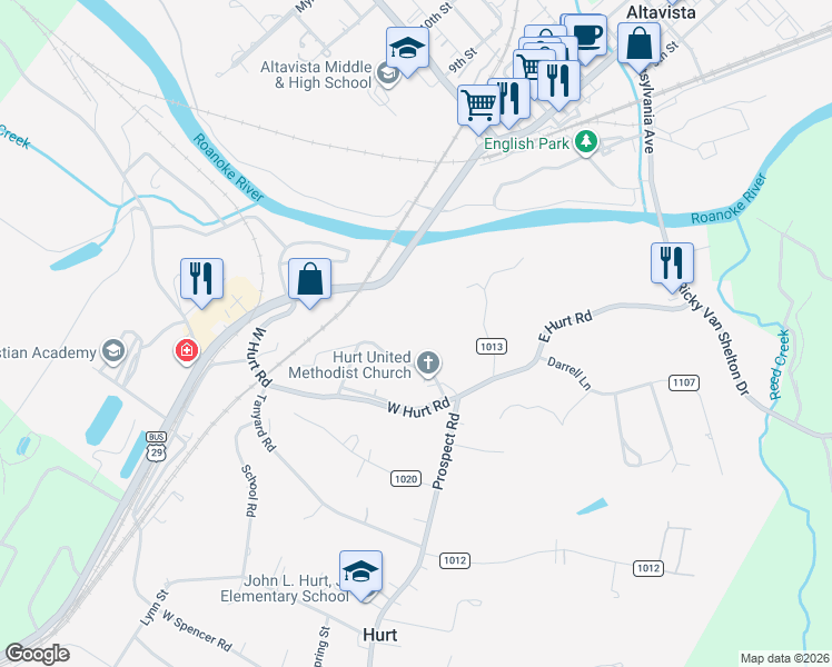 map of restaurants, bars, coffee shops, grocery stores, and more near 100 Knollwood Drive in Hurt
