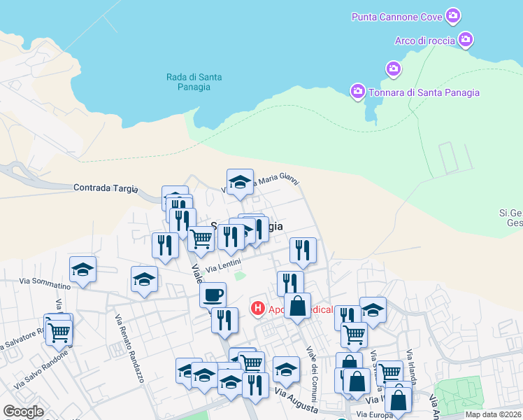 map of restaurants, bars, coffee shops, grocery stores, and more near 38 Via Pachino in Siracusa