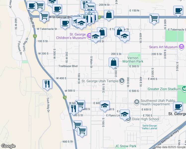 map of restaurants, bars, coffee shops, grocery stores, and more near 331 South Main Street in St. George