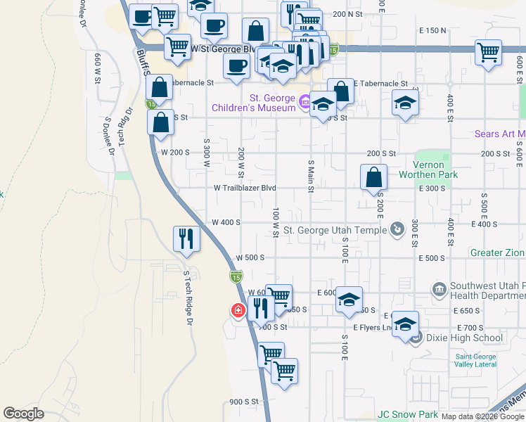 map of restaurants, bars, coffee shops, grocery stores, and more near 326 100 West Street in St. George