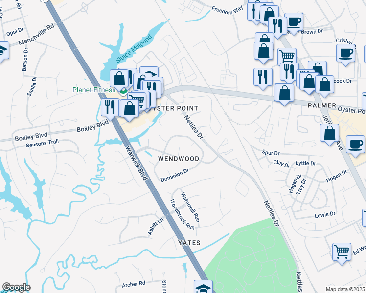 map of restaurants, bars, coffee shops, grocery stores, and more near 10 Bradford Circle in Newport News
