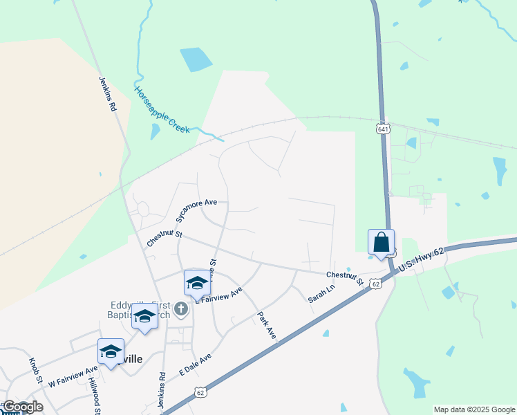 map of restaurants, bars, coffee shops, grocery stores, and more near 117 Park Ln in Eddyville