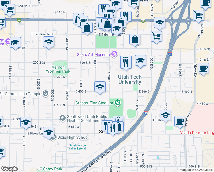 map of restaurants, bars, coffee shops, grocery stores, and more near 364 South 700 East in Saint George