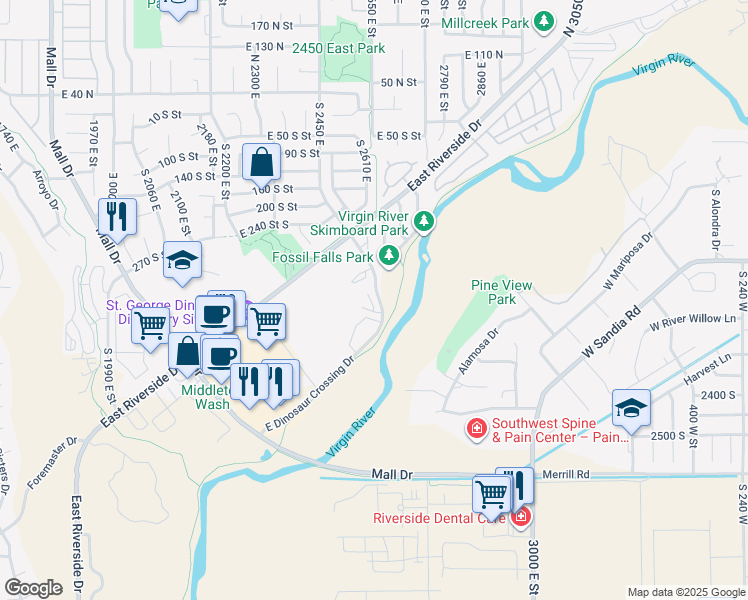map of restaurants, bars, coffee shops, grocery stores, and more near 2409 East Dinosaur Crossing Drive in St. George