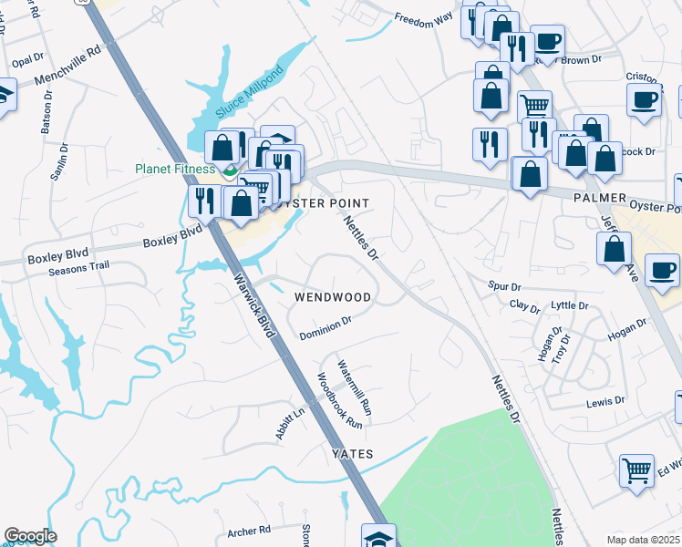 map of restaurants, bars, coffee shops, grocery stores, and more near 10 Bradford Circle in Newport News