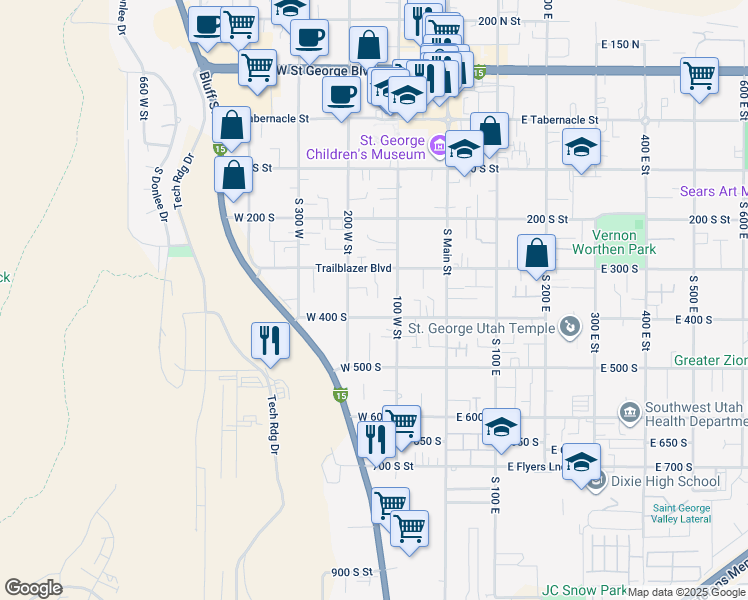 map of restaurants, bars, coffee shops, grocery stores, and more near 155 West 300 South Street in St. George