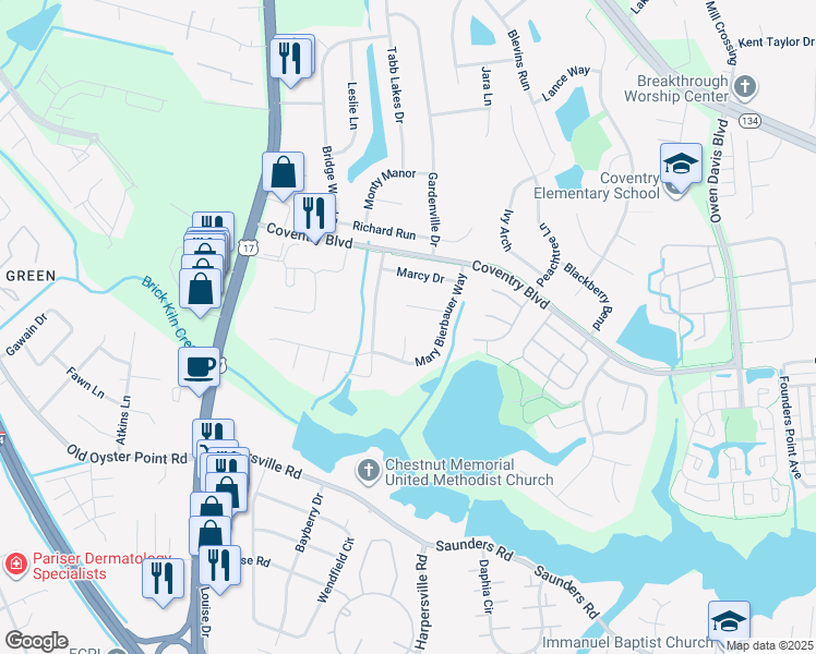 map of restaurants, bars, coffee shops, grocery stores, and more near 108 Paula Court in Yorktown