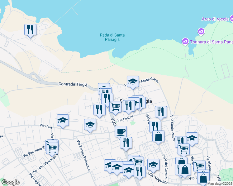 map of restaurants, bars, coffee shops, grocery stores, and more near 12 Via Franca Maria Gianni in Siracusa