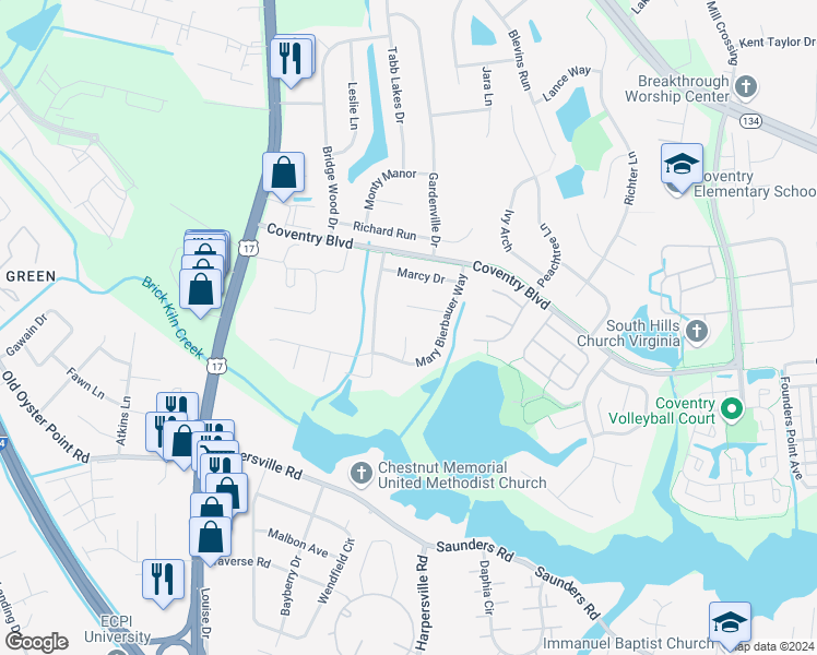 map of restaurants, bars, coffee shops, grocery stores, and more near 108 Paula Court in Yorktown