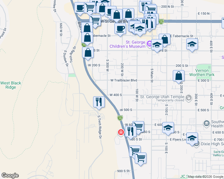 map of restaurants, bars, coffee shops, grocery stores, and more near 255 West 300 South in St. George