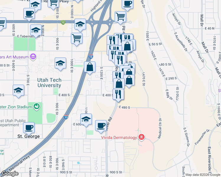 map of restaurants, bars, coffee shops, grocery stores, and more near The Mesas in St. George