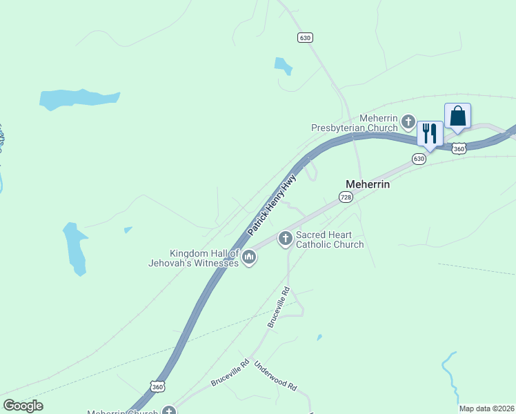 map of restaurants, bars, coffee shops, grocery stores, and more near County Road 729 in Meherrin