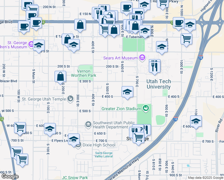 map of restaurants, bars, coffee shops, grocery stores, and more near 531 East 400 South in St. George