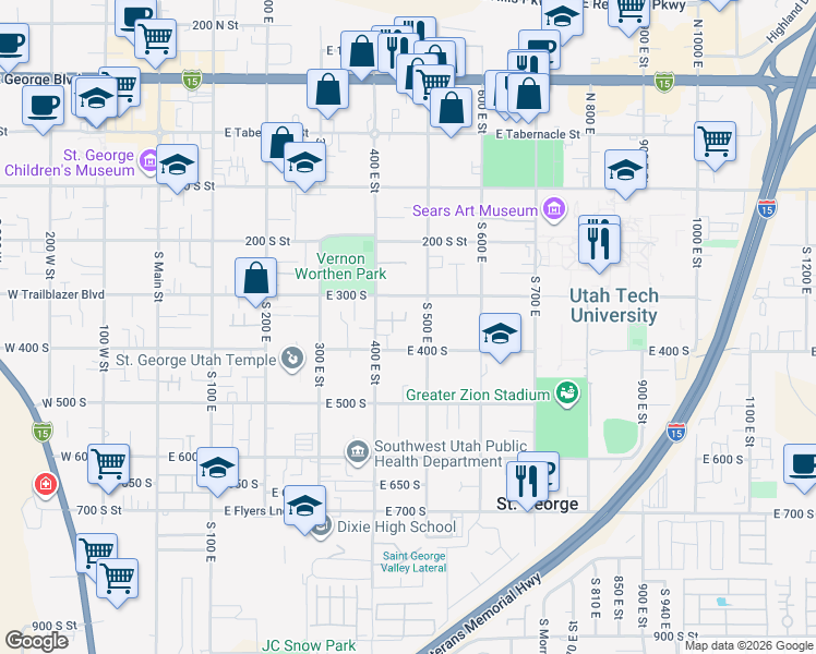 map of restaurants, bars, coffee shops, grocery stores, and more near 438 East 300 South in St. George