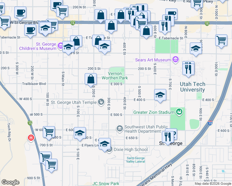 map of restaurants, bars, coffee shops, grocery stores, and more near 376 East 300 South in St. George