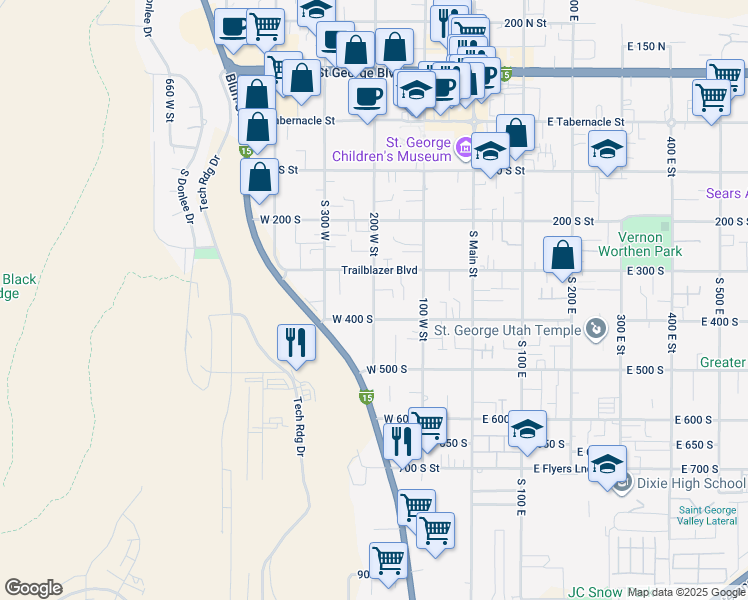 map of restaurants, bars, coffee shops, grocery stores, and more near 331 South 200 West in St. George