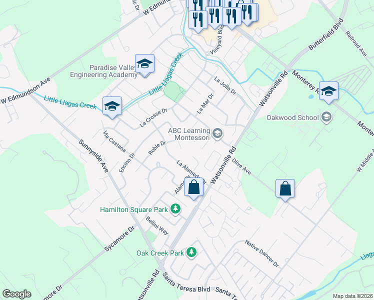 map of restaurants, bars, coffee shops, grocery stores, and more near 525 La Paz Court in Morgan Hill
