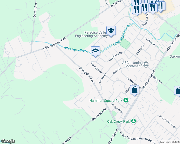 map of restaurants, bars, coffee shops, grocery stores, and more near 840 Via Castana Court in Morgan Hill
