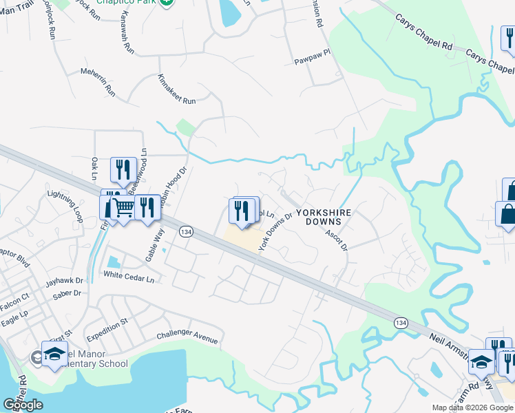 map of restaurants, bars, coffee shops, grocery stores, and more near 209 Amersham Drive in Yorktown