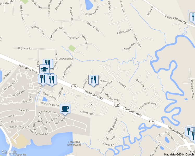 map of restaurants, bars, coffee shops, grocery stores, and more near 118 East Bristol Lane in Yorktown