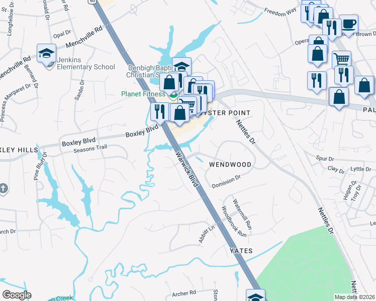 map of restaurants, bars, coffee shops, grocery stores, and more near 12930 Warwick Boulevard in Newport News