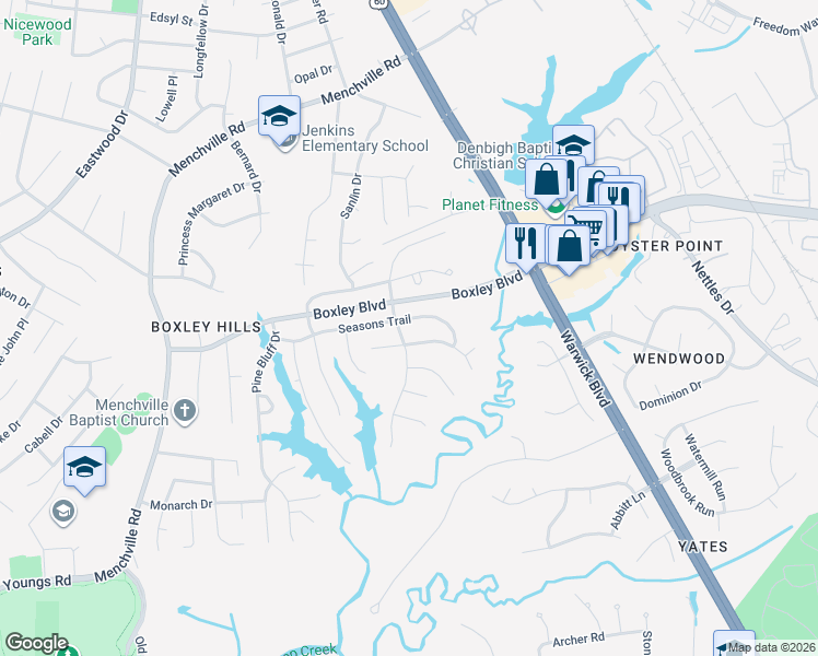 map of restaurants, bars, coffee shops, grocery stores, and more near 243 Seasons Trail in Newport News