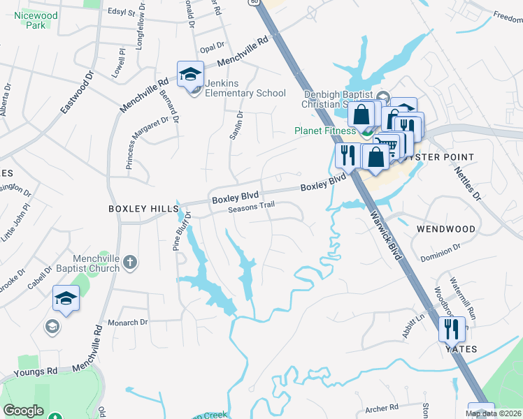 map of restaurants, bars, coffee shops, grocery stores, and more near 231 Seasons Trail in Newport News