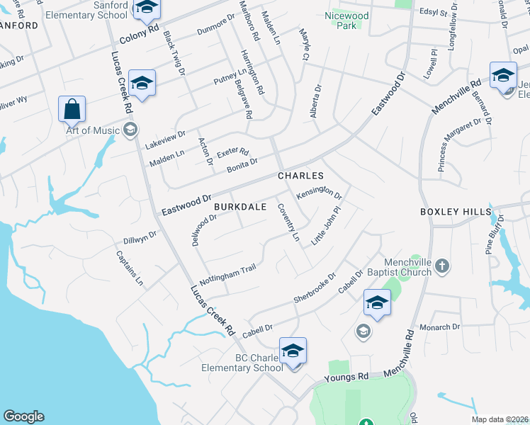 map of restaurants, bars, coffee shops, grocery stores, and more near 193 Coventry Lane in Newport News