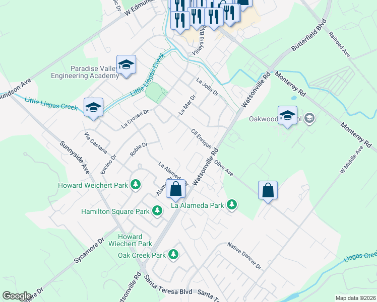 map of restaurants, bars, coffee shops, grocery stores, and more near 500 La Canada Court in Morgan Hill