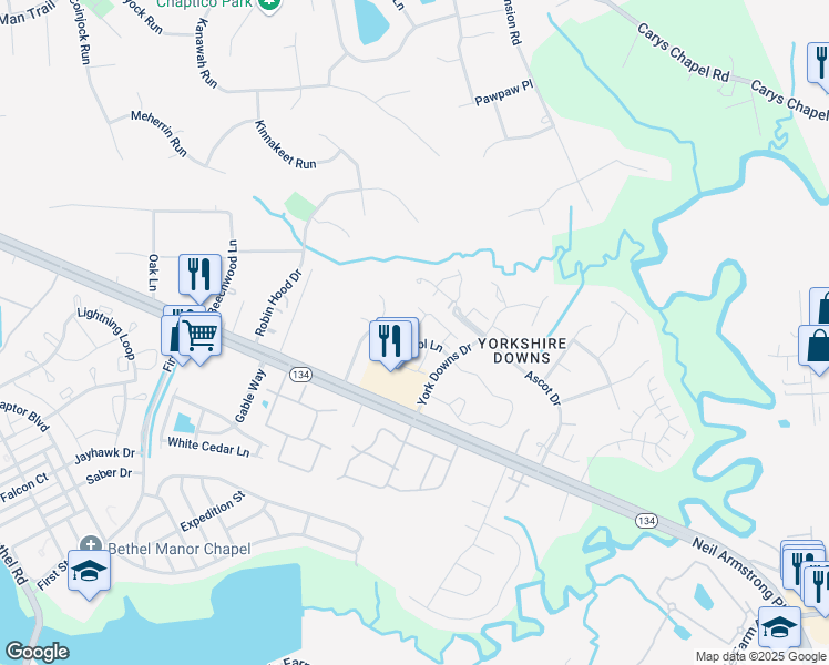 map of restaurants, bars, coffee shops, grocery stores, and more near 118 East Bristol Lane in Yorktown