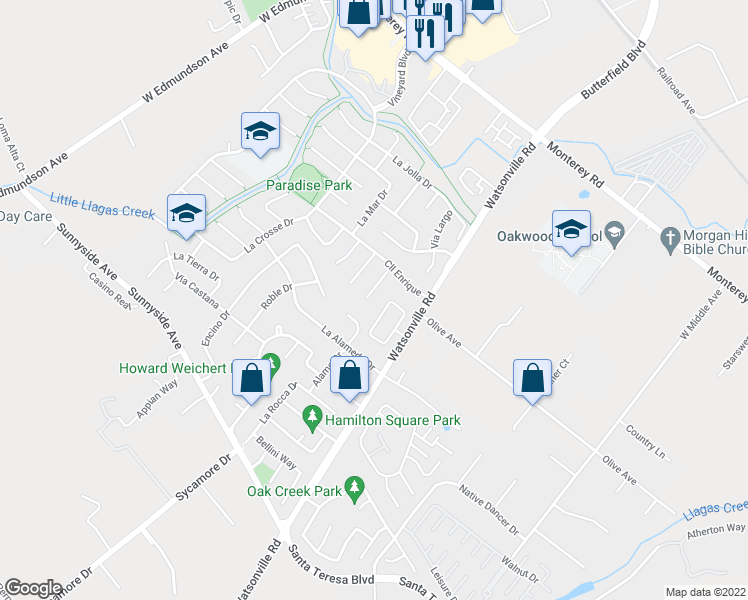 map of restaurants, bars, coffee shops, grocery stores, and more near 500 La Canada Court in Morgan Hill