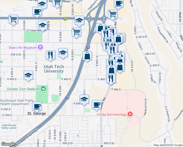 map of restaurants, bars, coffee shops, grocery stores, and more near 1167 East 400 South in St. George