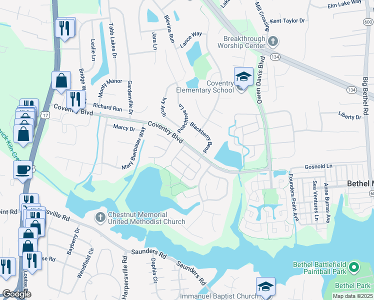 map of restaurants, bars, coffee shops, grocery stores, and more near 405 Belmont Circle in Yorktown