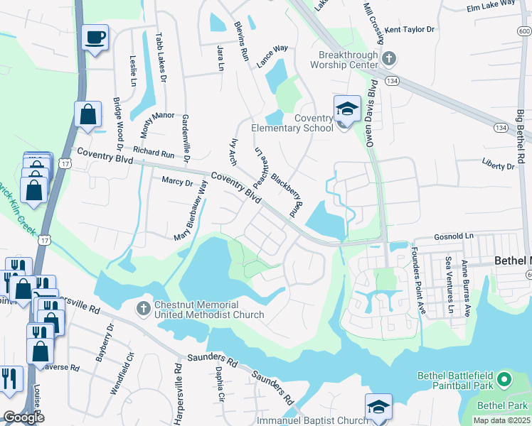 map of restaurants, bars, coffee shops, grocery stores, and more near 405 Belmont Circle in Yorktown