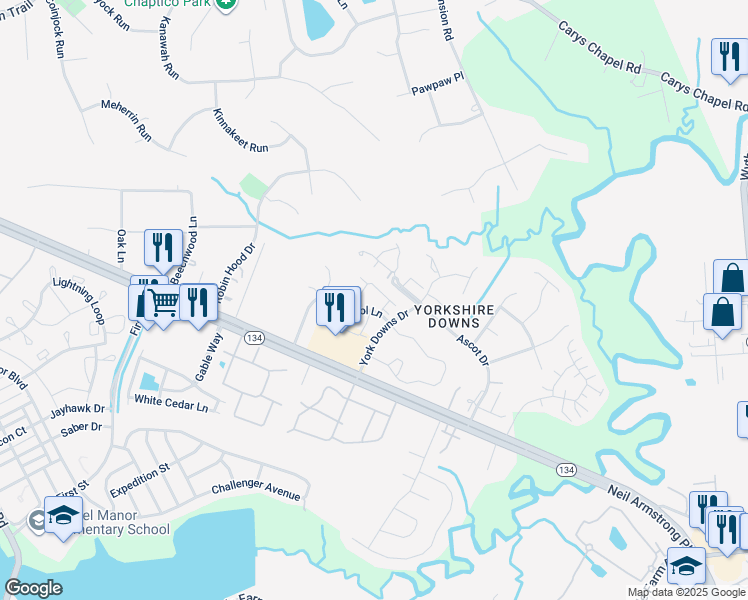 map of restaurants, bars, coffee shops, grocery stores, and more near 205 Amersham Drive in Yorktown