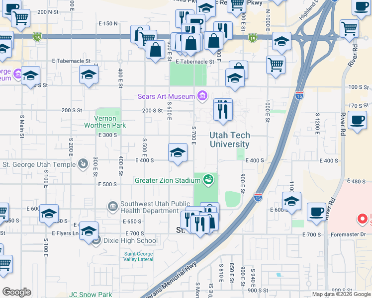 map of restaurants, bars, coffee shops, grocery stores, and more near 339 South 660 East Circle in St. George