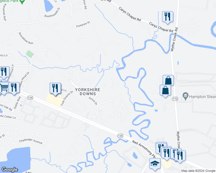 map of restaurants, bars, coffee shops, grocery stores, and more near 128 Prince Arthur Drive in Yorktown