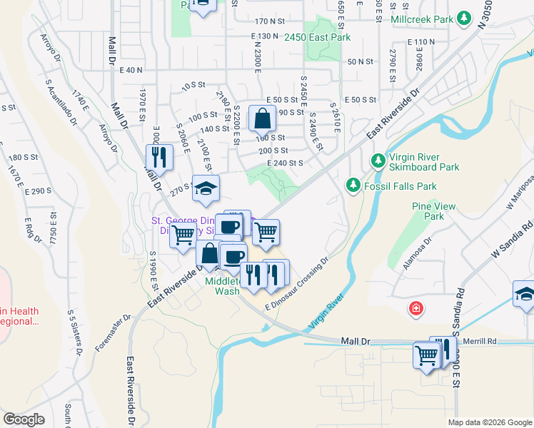 map of restaurants, bars, coffee shops, grocery stores, and more near East Riverside Drive in St. George